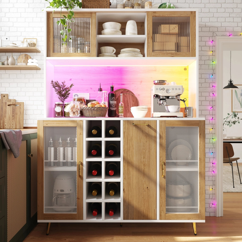 BUFFET 120x40x180 cm in MDF Bianco effetto legno con LED e presa integrata