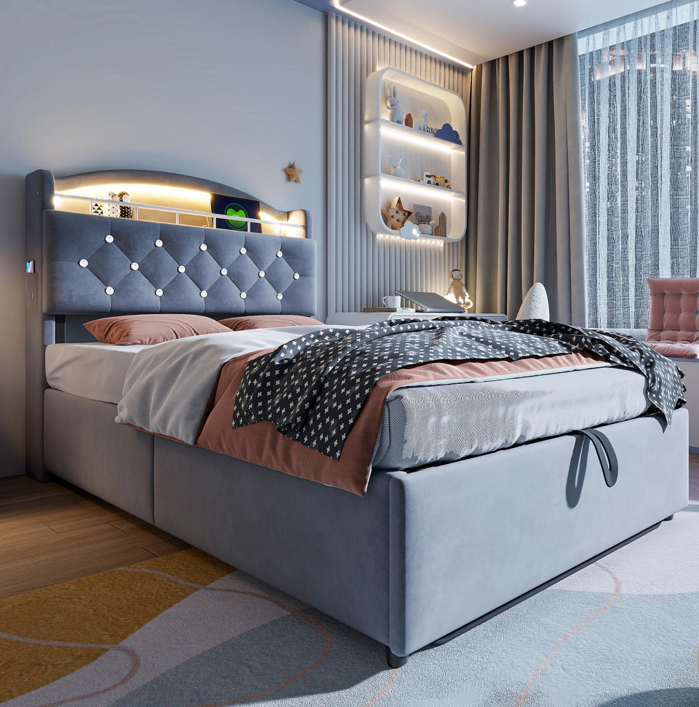 Letto imbottito 90x200 cm con contenitore; LED e USB in velluto grigio