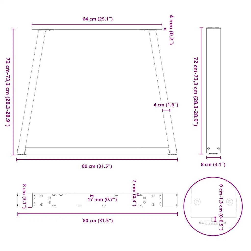 Gambe per tavolo da pranzo a forma di V 3 pz bianche 80x(72-73,3) cm in acciaio