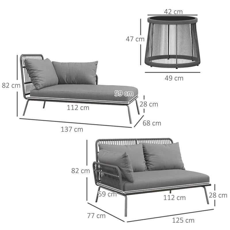 SET DA GIARDINO IN RATTAN PE STILE BOHO DIVANO 2 POSTI CON CHAISE LONGUE E TAVOLINO GRIGIO CHIARO