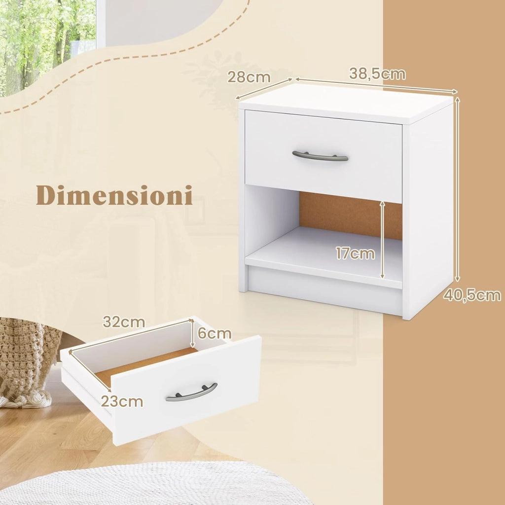 COSTWAY Comodino 38,5 x 28 x 40,5cm in Legno, Tavolino Salvaspazio con Scomparto Aperto e Casseto per Soggiorno e Camera da Letto (Bianco)