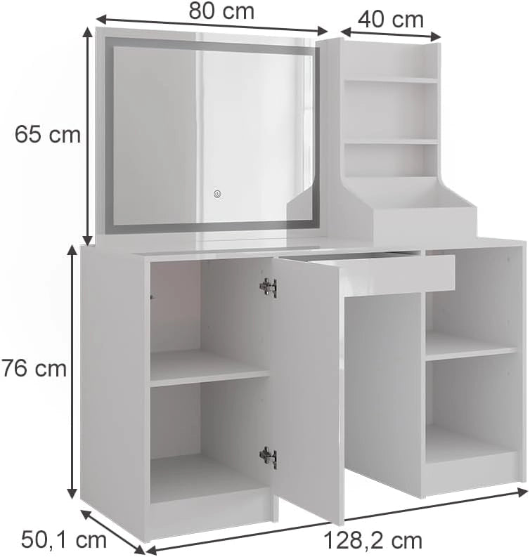 Tavolo da toeletta Sherry, Bianco/bianco lucido, 128.2 cm con specchio LED, con piano d'appoggio laterale e sgabello regolabile in altezza