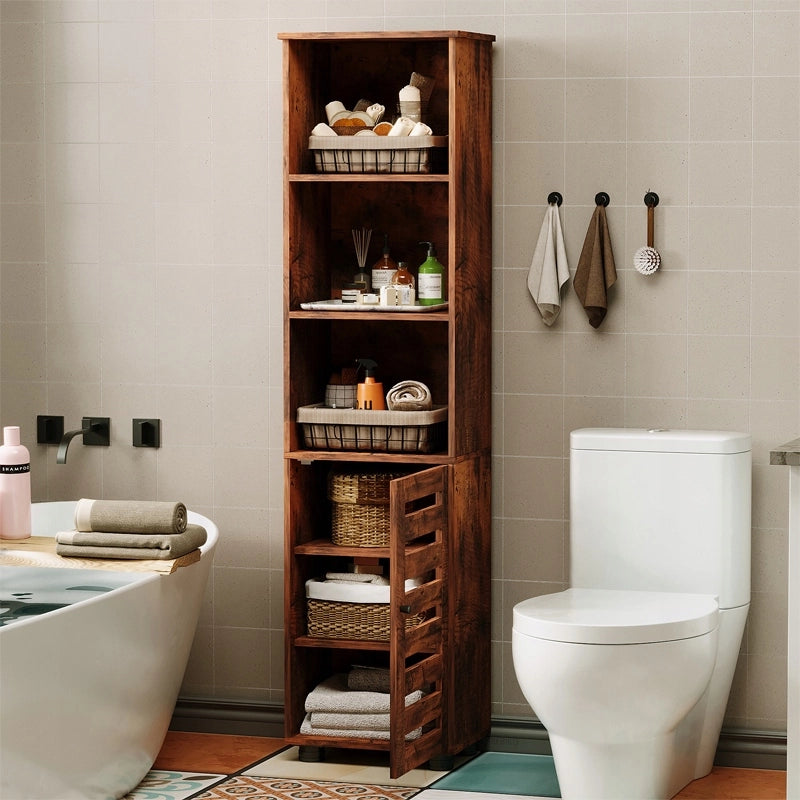 Mobiletto da bagno stretto, marrone scuro, stile rustico, altezza 88 cm