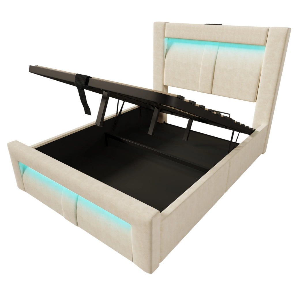 Letto singolo 90x200 cm con contenitore, LED e USB-C in velluto beige