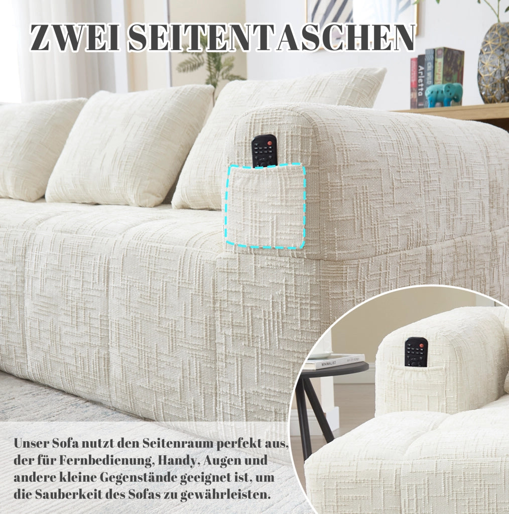 Divano componibile in ciniglia con chaise longue; 3 cuscini; senza montaggio; beige