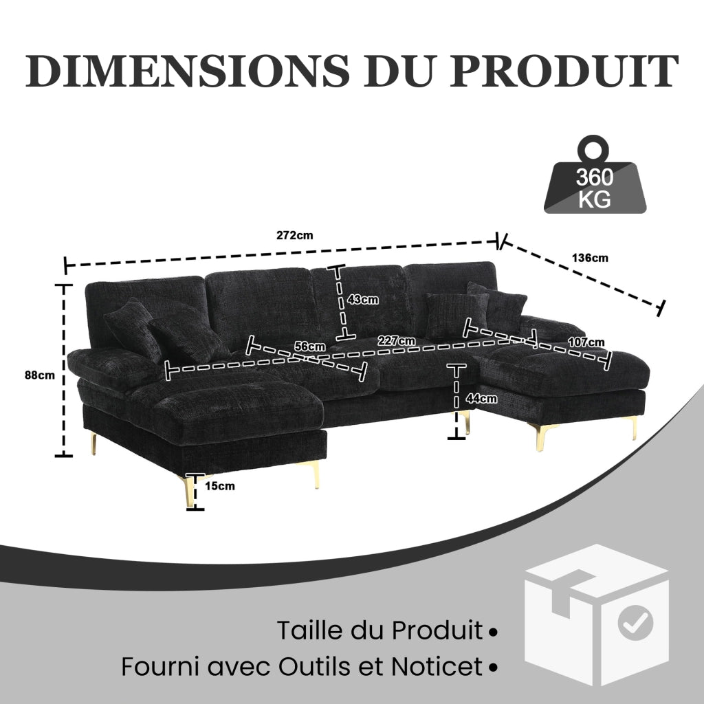 Divano a U con 2 Chaise Longue e 6 Cuscini; Design Ergonomico e Gambe in Metallo; Ciniglia Nero 272 × 136 × 88 cm