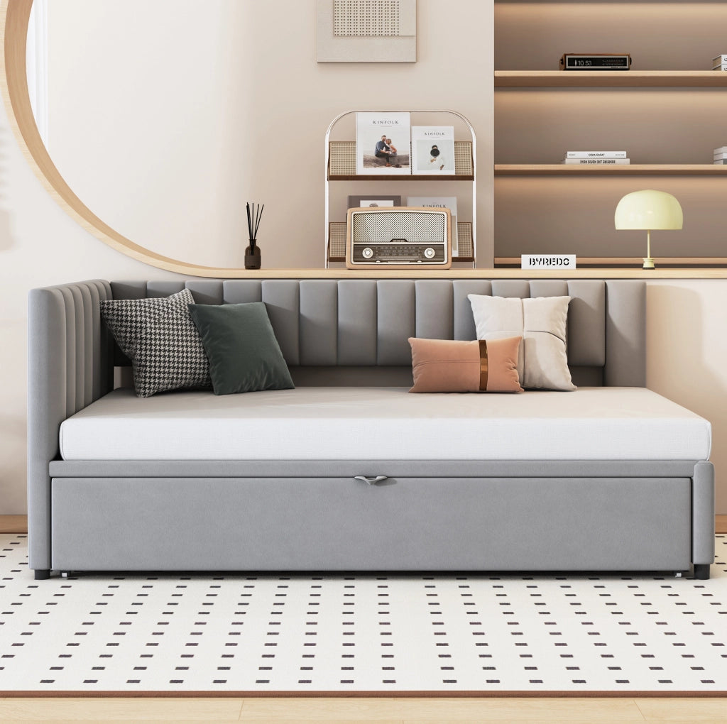 Divano letto angolare L con letto estraibile 90x200 cm in velluto grigio