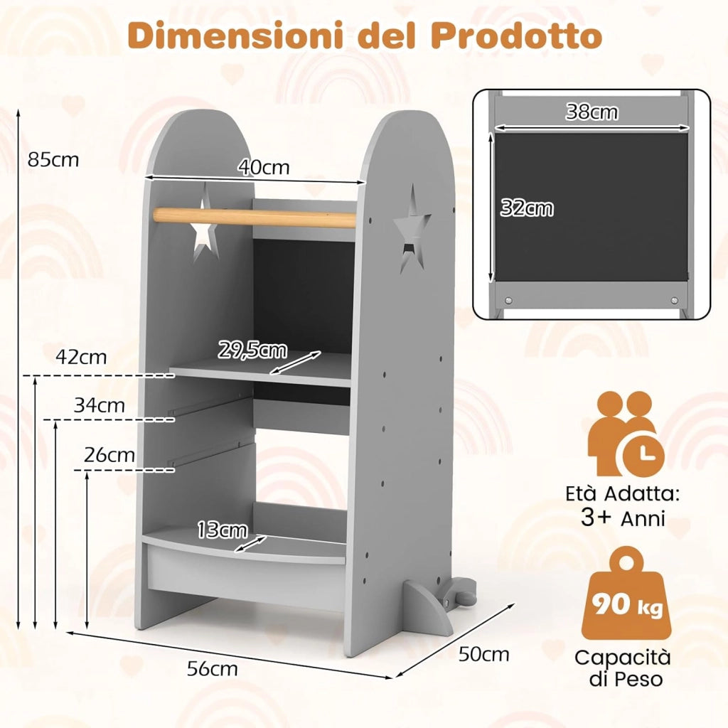 3-in-1 Torre Montessoriana per Bambini Regolabile in Altezza su 3 Livelli, Torre di Apprendimento con Doppia Lavagna, Pedane Alzabimbo con Protezione, per Cucina e Bagno, da 36 Mesi, Grigio