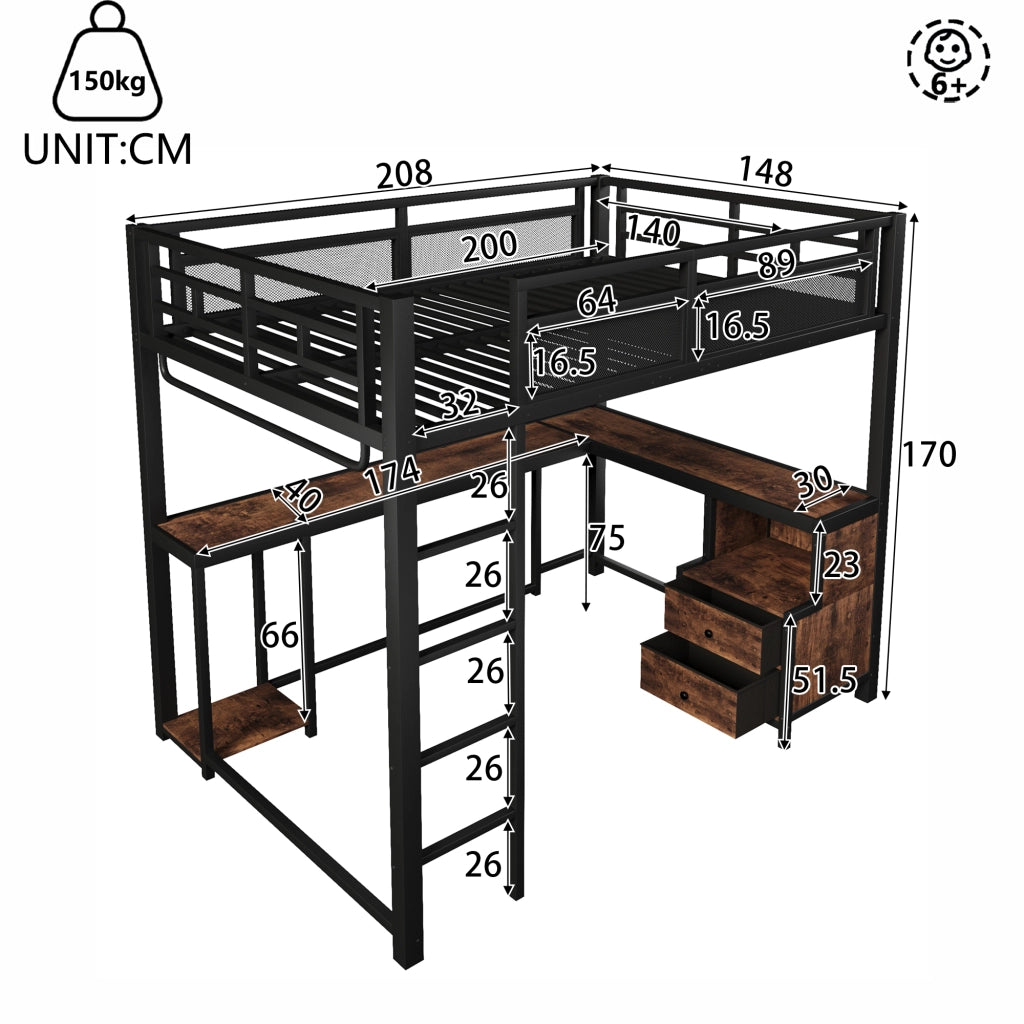 LETTO a soppalco 140x200 cm in metallo nero con scrivania, ripiani e barra appendiabiti
