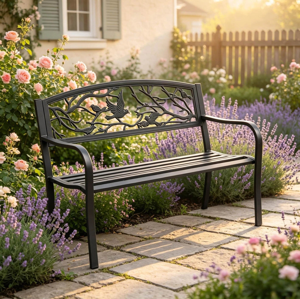 Panchina da giardino in metallo nero 127x60x85 cm; con schienale decorato