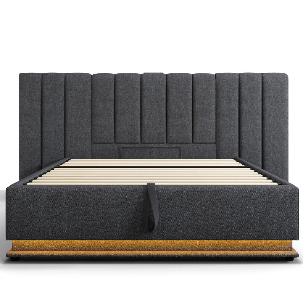 Letto matrimoniale con contenitore 180x200 cm; LED 360°; 3 USB e 1 Type-C; grigio