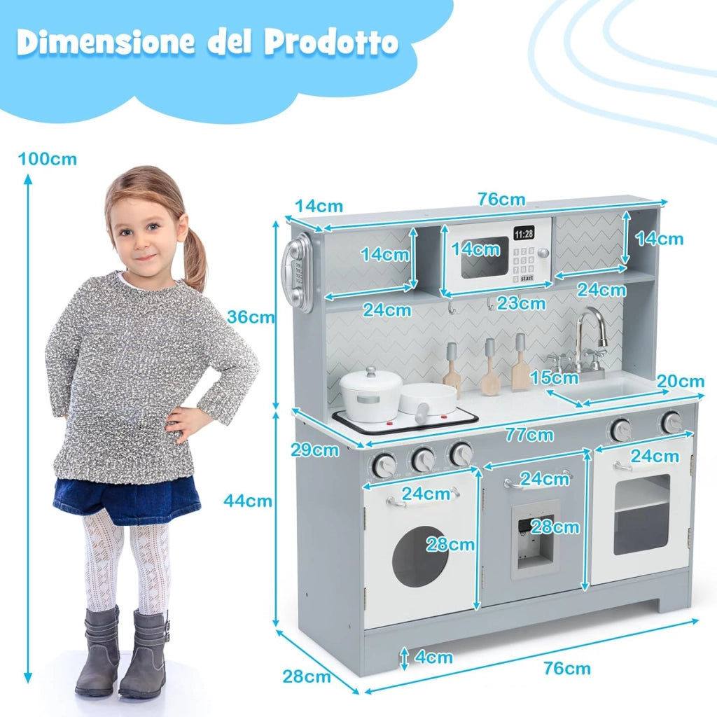 Cucina Giocattolo per Bambini, Cucina per Bambini in Legno con Forno, Microonde, Telefono, Distributore d'Acqua, Lavello e Rubinetto, con Luci e Suoni Realistici, per bambini 3+ Anni