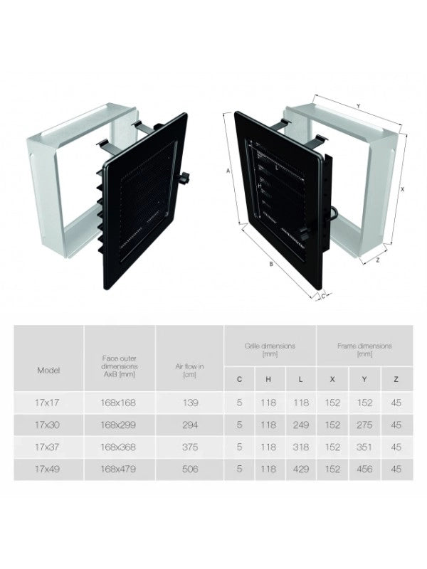 Griglia di ventilazione per camino 17x30 nera con tapparelle avvolgibili