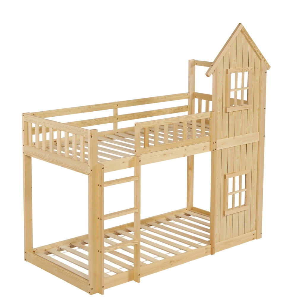 Letto a castello 90x200 cm con scala e finestre in legno di pino e MDF colore naturale