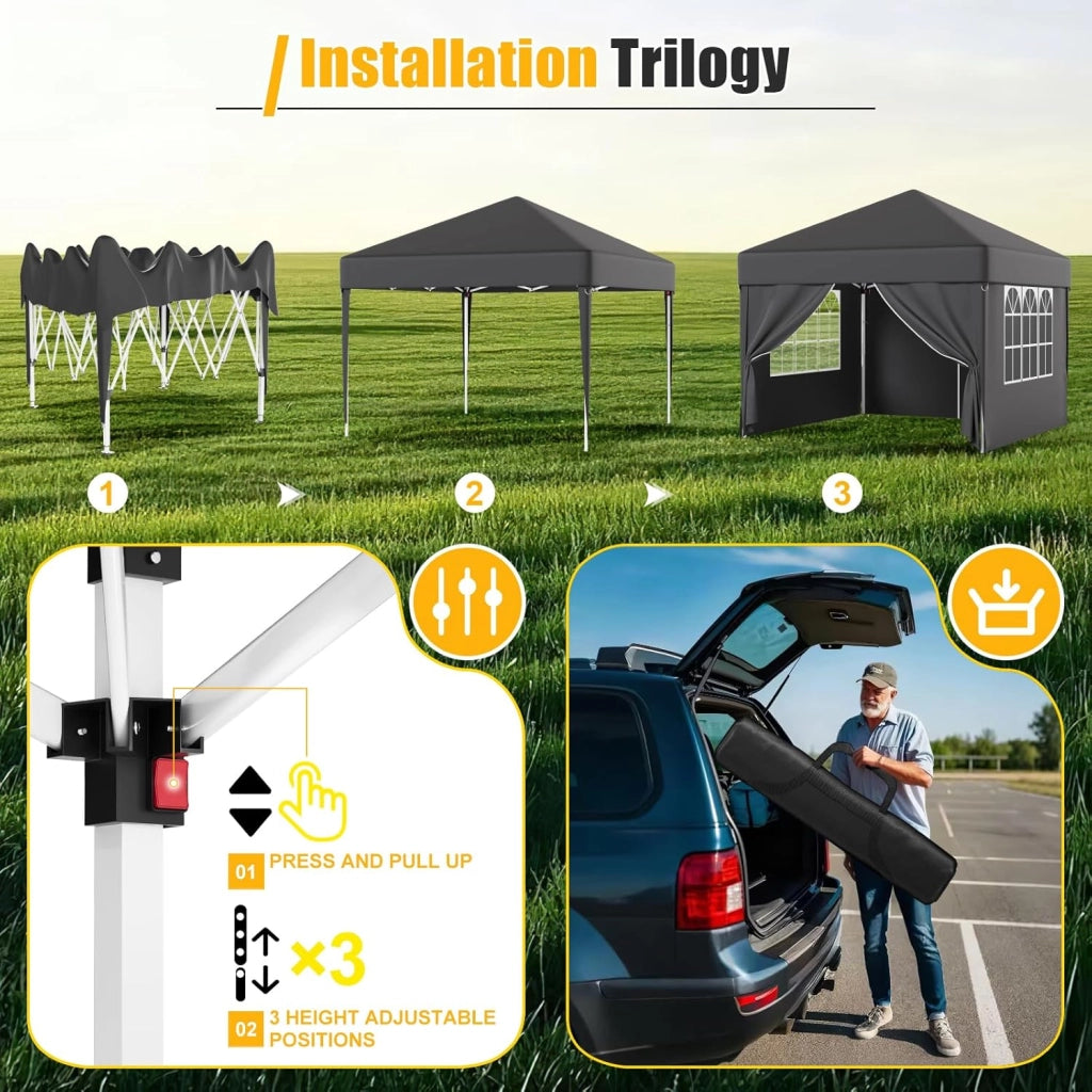 Gazebo 3x3 Pieghevole Impermeabile 3 Pieghevole Altezza Regolabile Protezione UV 50 +,Gazebo da Giardino con Borsa di Trasporto Esterno Resistente,Grigio