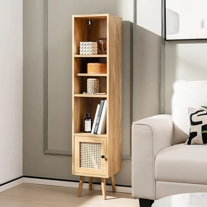 Libreria Scaffale con Anta in Rattan Naturale, Scaffale Legno in Stile Boho con 3 Ripiani Regolabili in 12 Posizioni, per Soggiorno Cucina e Camera da Letto, 29,5 x 29,5 x 137 cm (Naturale)