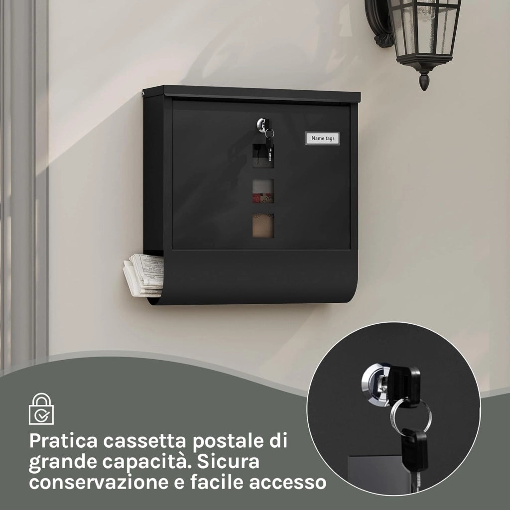 Cassetta Postale, Cassetta Postale da Esterno con Finestre di Visualizzazione e Targhetta, Cassetta Lettere con Scomparto, Nero, 37x10,5x37 cm