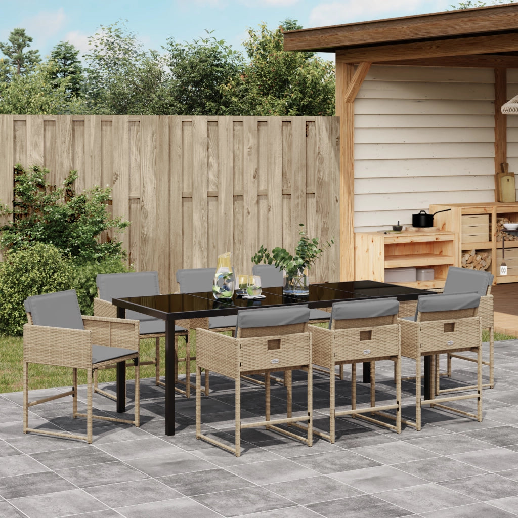 Set pranzo giardino 9 pezzi con cuscini polyrattan beige
