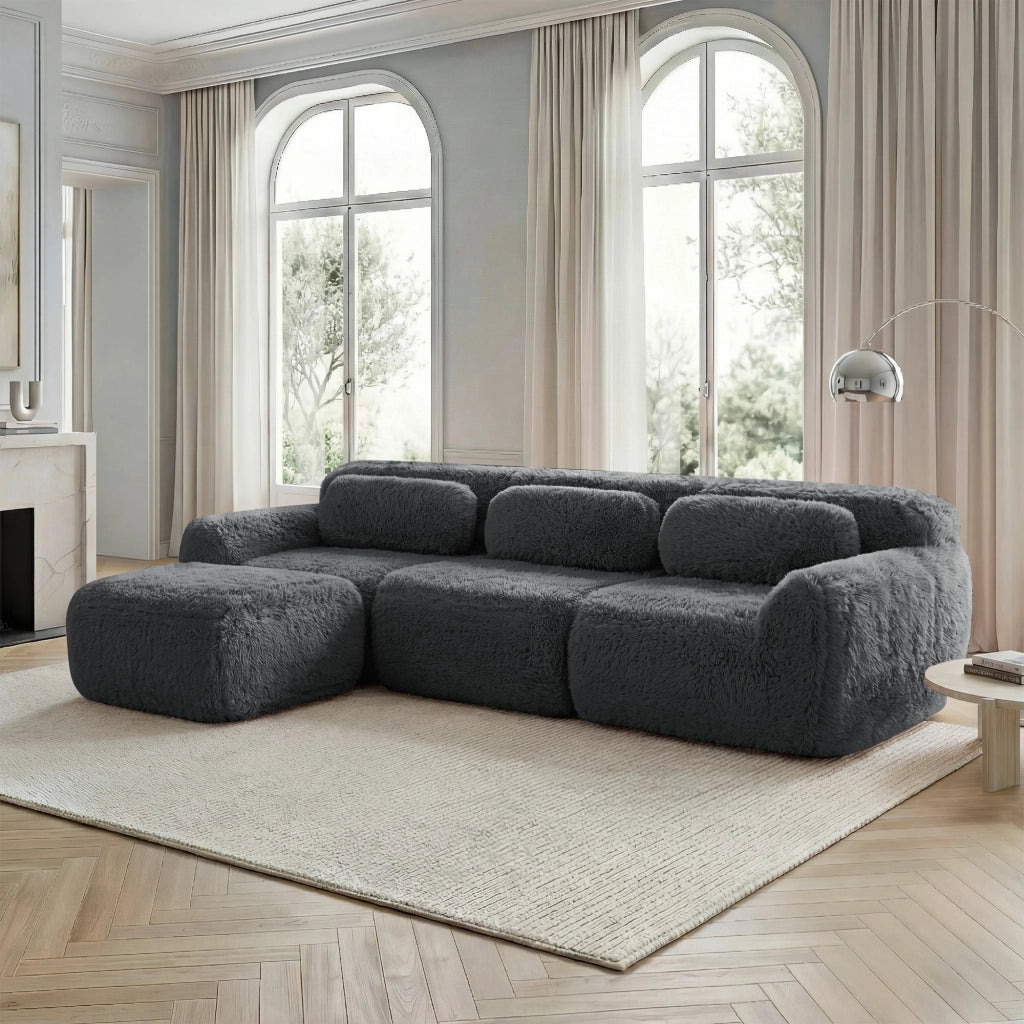Divano Angolare Modulare A L 2-4 Posti senza Montaggio con Cuscini Seduta Profonda Comfort Nuvola in Peluche Grigio