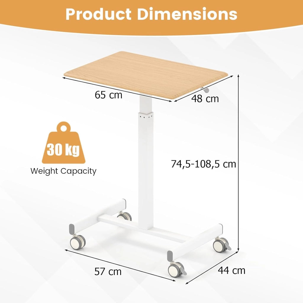 Tavolino con ruote, altezza regolabile 74,5 – 108,5 cm, tavolo per computer portatile, scrivania mobile, mobile per soggiorno, camera da letto