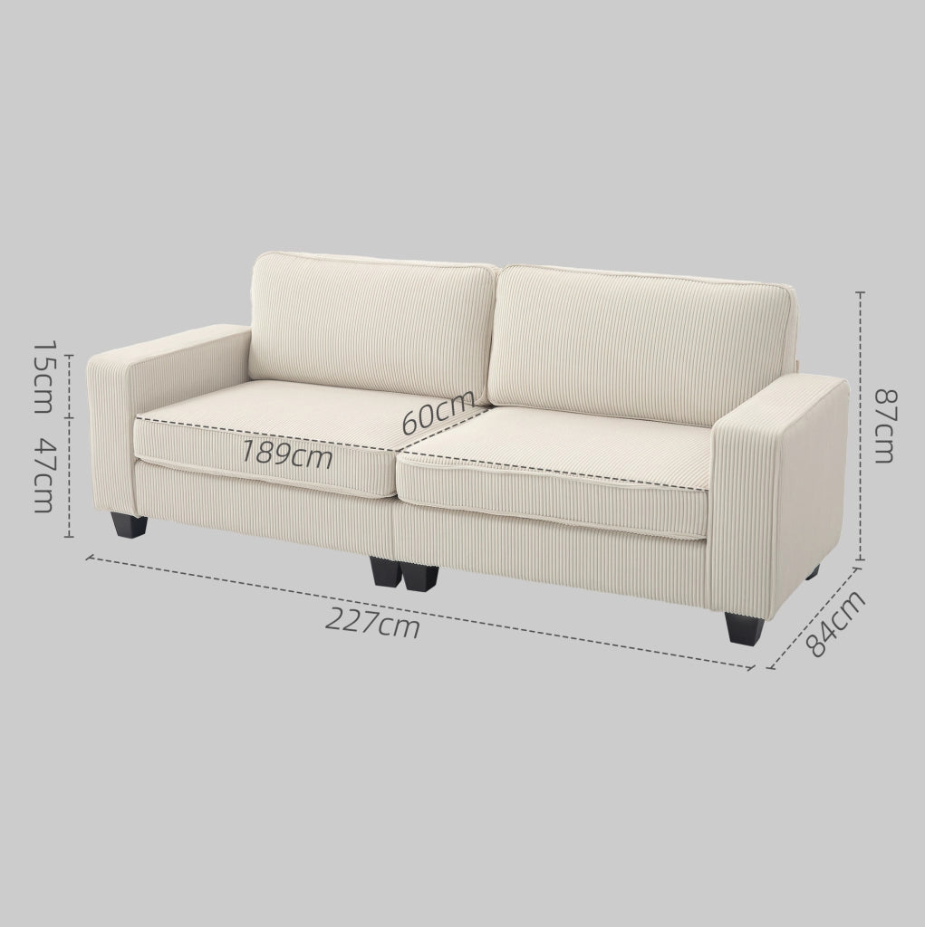 Divano 3 posti in tessuto a coste crema con struttura robusta 227x84x87 cm