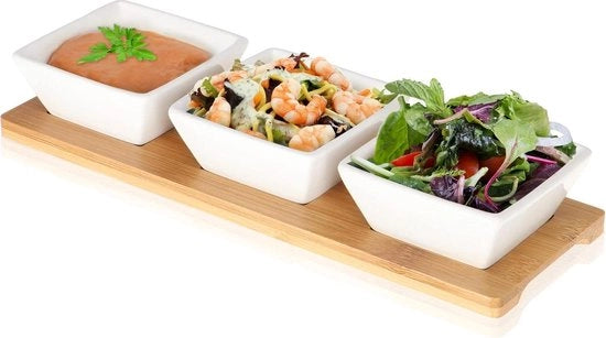 Set di scodelle ceramica 4 pezzi con tavola in bambù - scodelle per snack su tavola da servire per il buffet colazione - scodella per dip - scodelle da dessert in porcellana (4 pezzi - Con piatto)