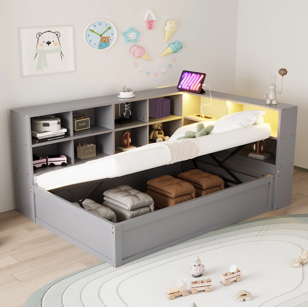 Letto multifunzione 90x200 cm con LED, presa e vani grigio