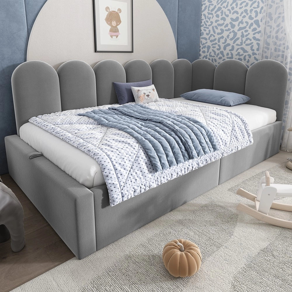 Letto Imbottito con Contenitore 90x200 ¨C Xylo ¨C Velluto Grigio, Rete a Doghe in Metallo