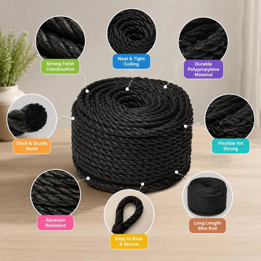 Black Working Rope, 12 Mm, 50 M, Polypropylene
