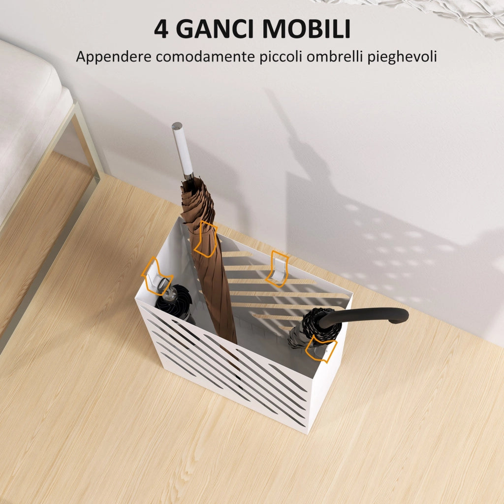 Portaombrelli di Design 28x14x41 cm con Vaschetta Raccogli Gocce e 4 Ganci in Metallo Bianco