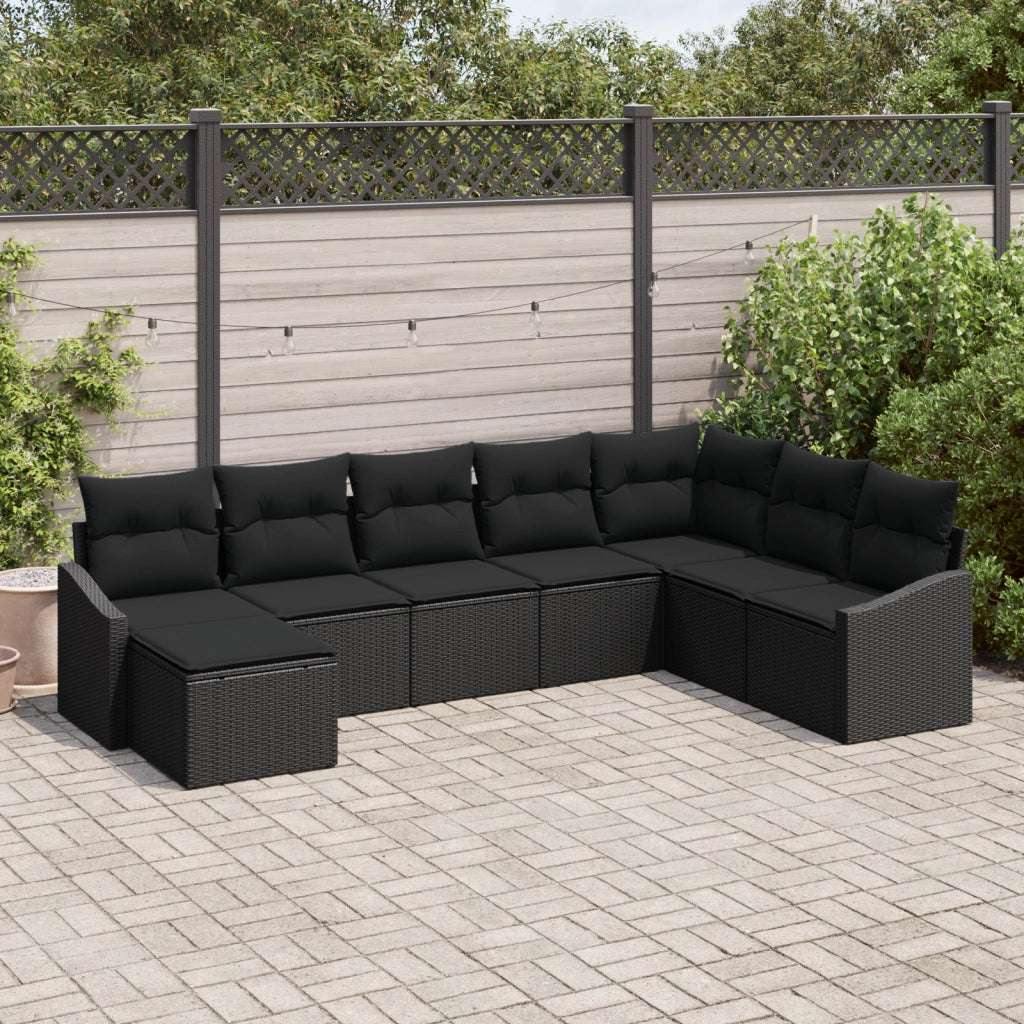 Set di divano da giardino in 8 pezzi con cuscini in rattan nero