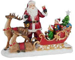 Pupazzo Babbo Natale in Resina con Led con renna e slitta rosso cm 38,5x17,5xh27