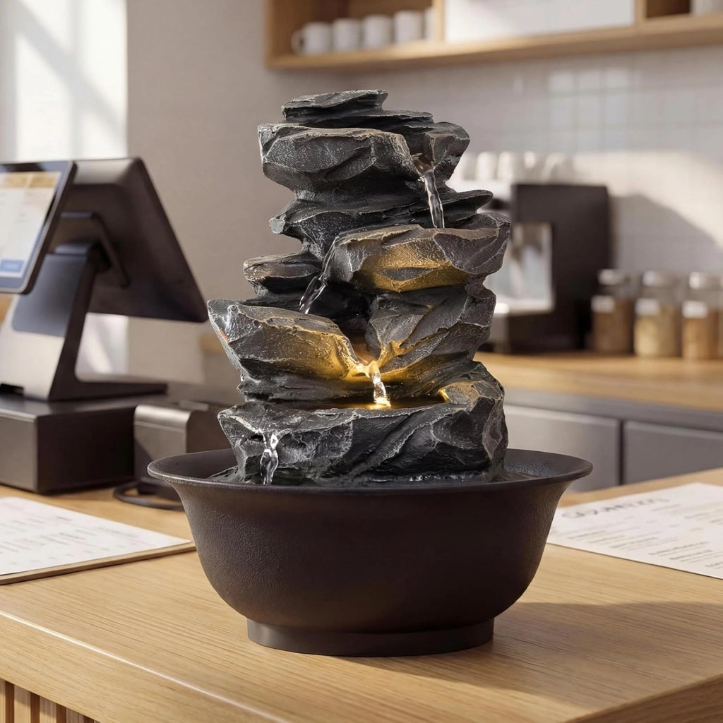 Fontana Zen da Interno, Fontana da Tavolo a Cascata con Luce LED, Pompa Silenziosa e Velocità dell'Acqua Regolabile, Fontanella Decorativa per Soggiorno, Ufficio e Camera da Letto (Modello 1)