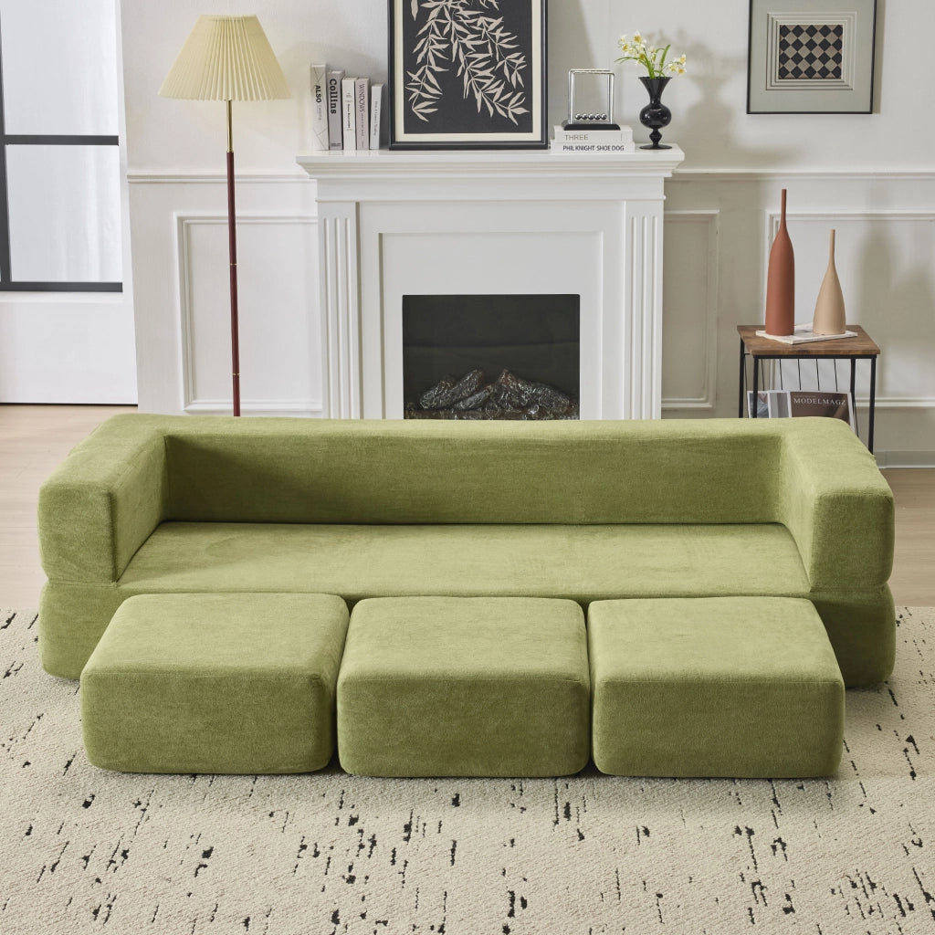 DIVANO LETTO Modulare multifunzione in chenille verde