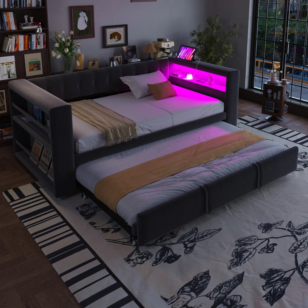 OKWISH Letto Divano 90×190 cm, Letto Singolo con Contenitore, LED Regolabile e Prese, 90×190 cm e 180×190 cm, senza Materasso, Grigio Scuro