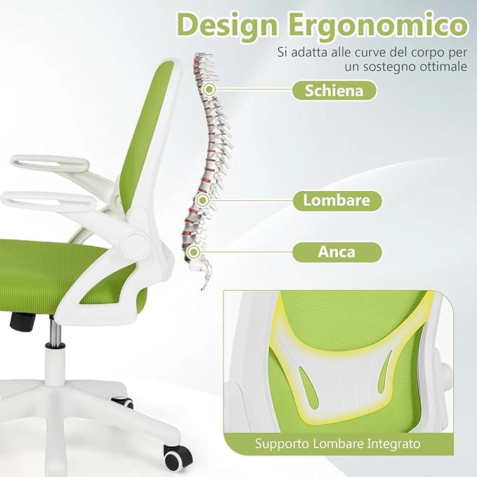 Sedia da Ufficio in Rete, Sedia da Scrivania Ergonomica con Supporto Lombare e Braccioli Ribaltabili, Sedia da Lavoro Girevole, con Ruote Regolabile in Altezza, Portata 150 kg