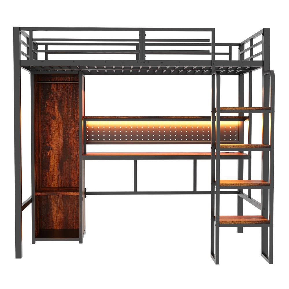 Letto a Soppalco con Scrivania e LED ¨C MINIMAL ¨C Metallo Nero 90x200