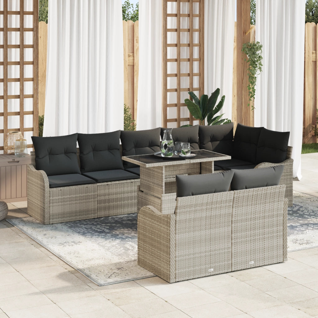 Set da giardino 9 pezzi  con cuscini in polyrattan grigio chiaro