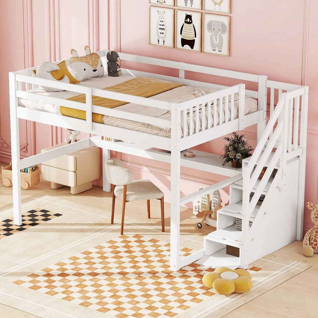 Letto a soppalco con scrivania e cassetti - Xylo - 140x200 - Bianco