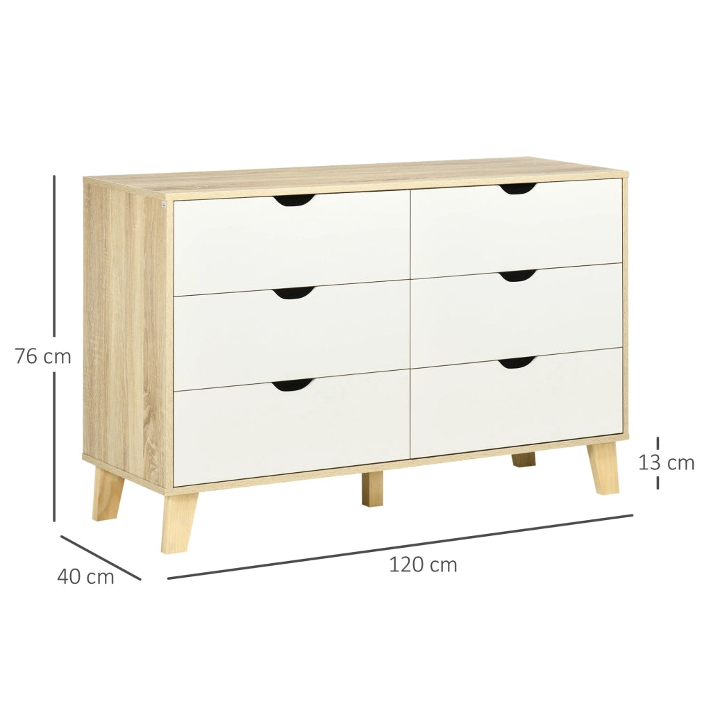 Cassettiera 6 Cassetti 120x40x76 cm con Maniglie Intagliate in Legno Bianco e Rovere