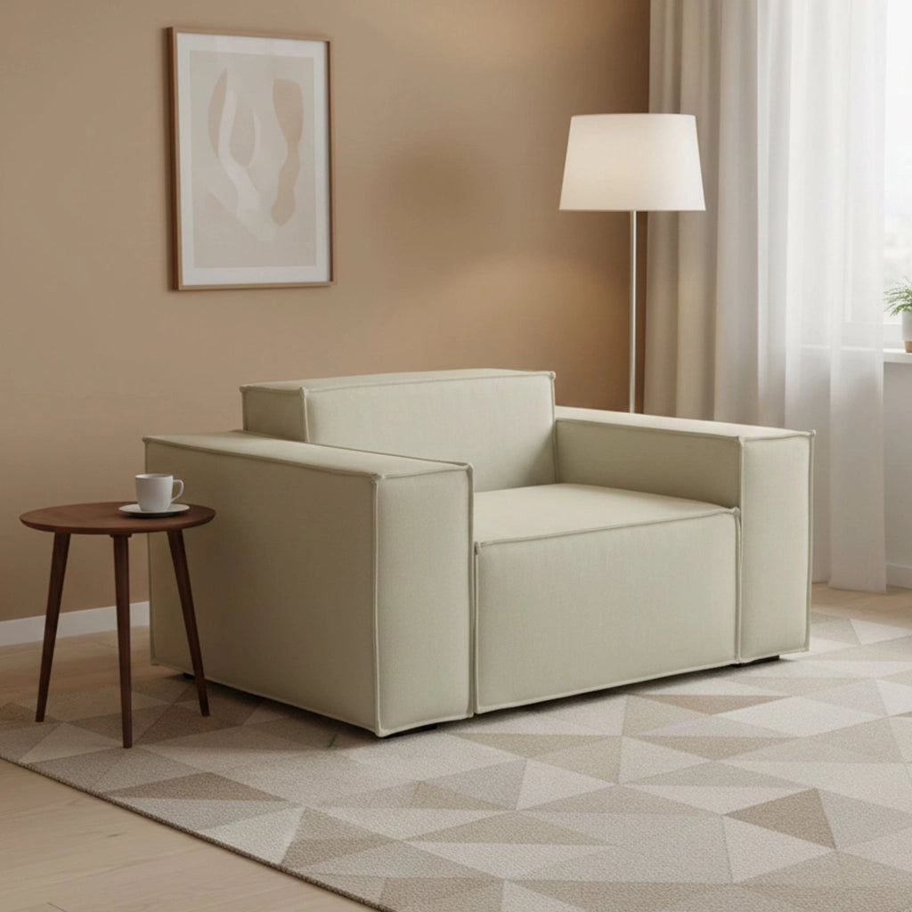 Poltrona Leonia, Poltrona da salotto, 100% Made in Italy, Poltroncina relax in tessuto imbottito, Cm 140x95h70, Beige