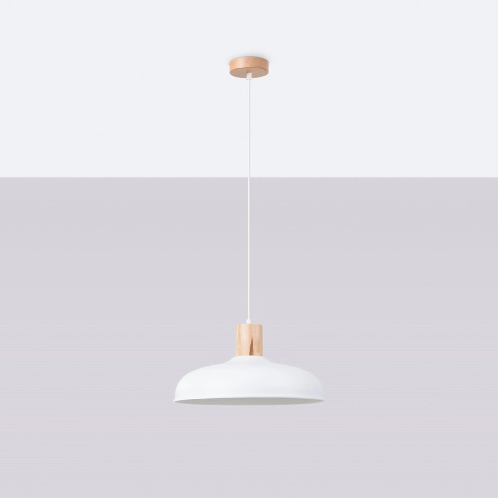 Lampada a sospensione INDY Dome in acciaio bianco opaco con accenti in legno E27 Max 15W LED
