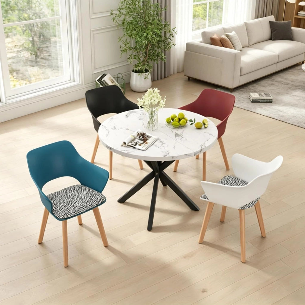 GrandCA HOME Set di Tavolo e Sedie da Pranzo, 100×100×76.5 CM Tavolo da Pranzo Rotondo, 4 Sedie da Cucina Imbottite in Colori Misti, per Sala da Pranzo, Cucina (Marmo-GD + WGPL)