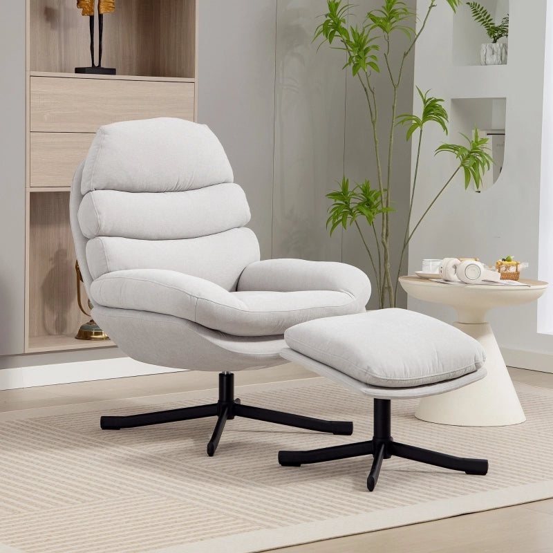 POLTRONA Girevole con Pouf 78x93x100 cm Poliestere Bianco crema