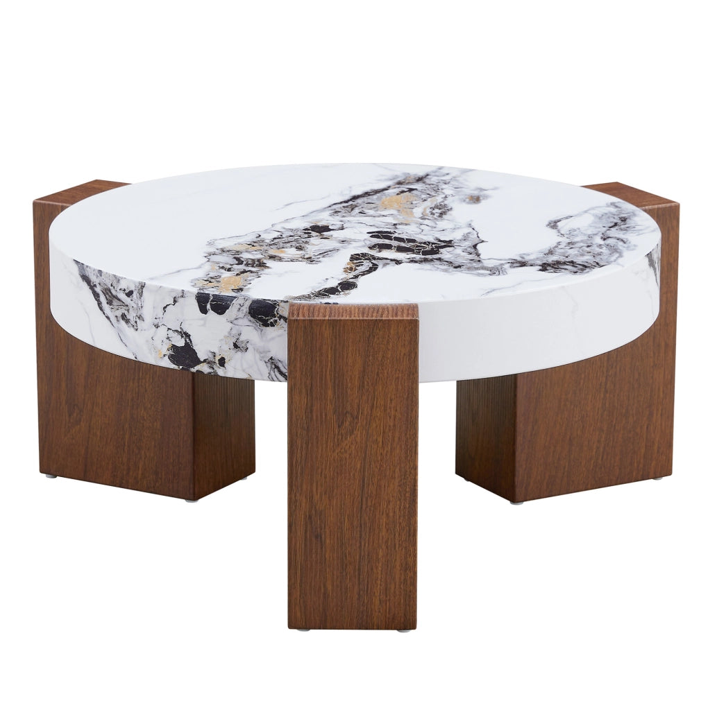 Set 2 tavolini da caffè rotondi in MDF effetto noce e vetro trasparente