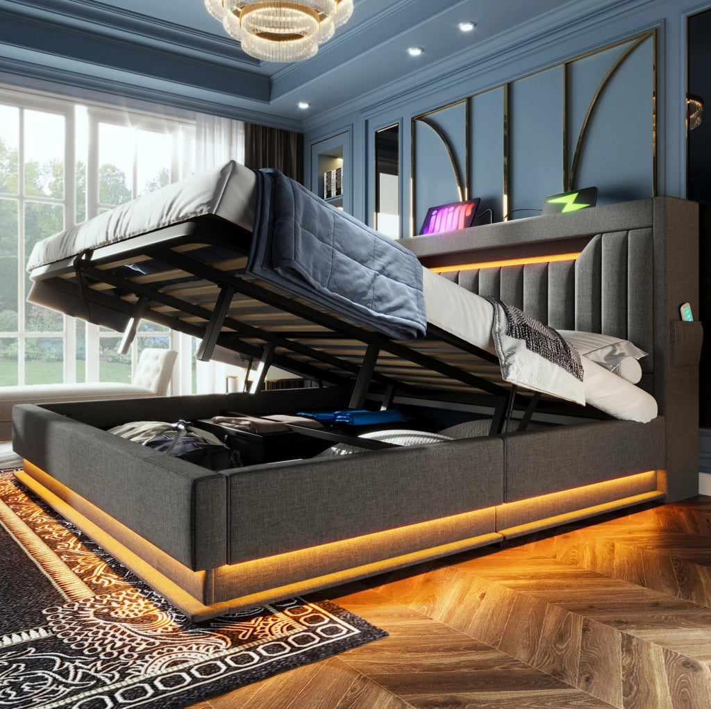 Letto matrimoniale 140x200 cm in lino grigio con contenitore; LED; USB e materasso incluso