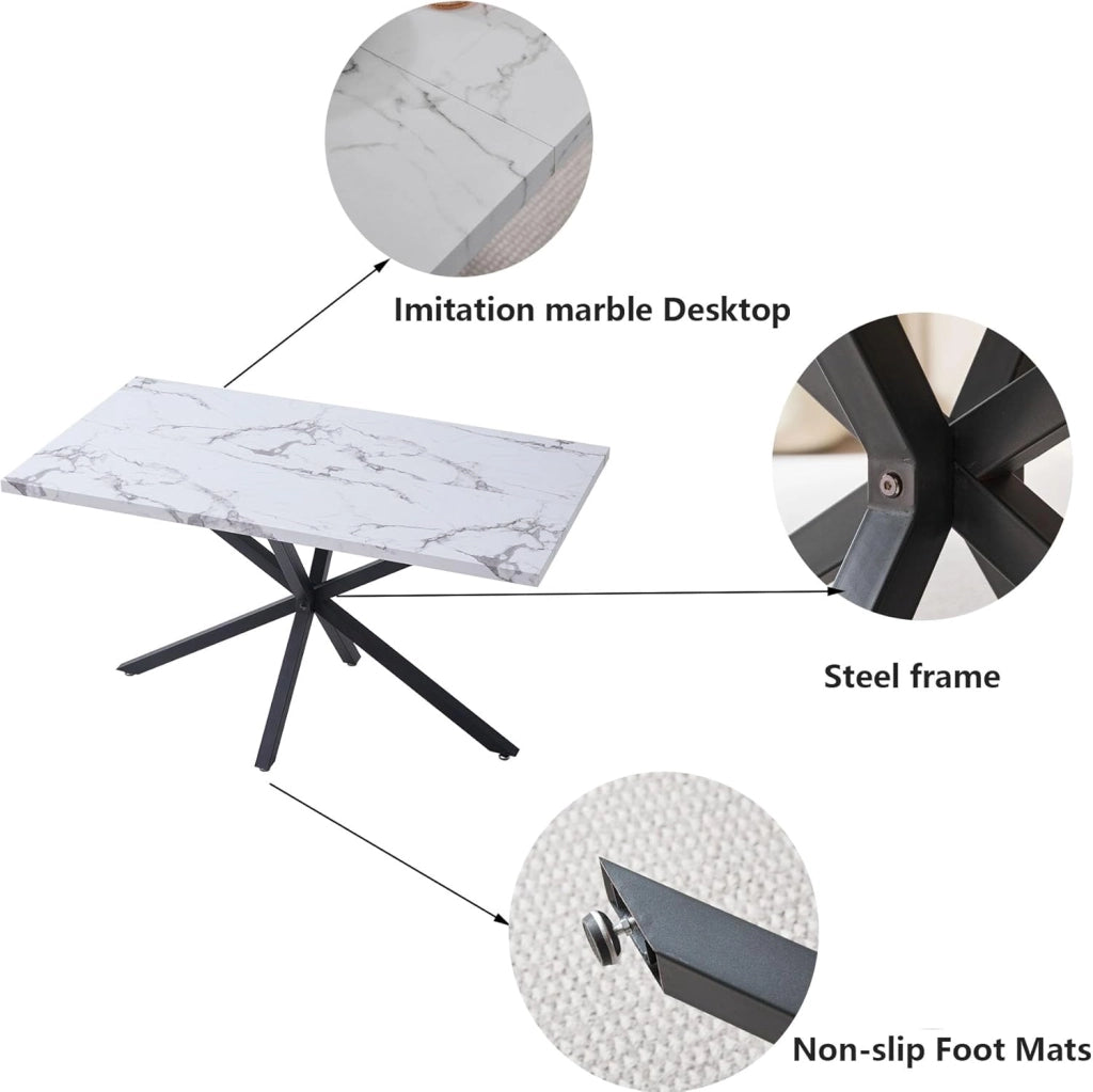 GrandCA HOME Tavolo da Pranzo Moderno da 140 cm con Piano Effetto Marmo, Tavolo da Cucina con Quattro Gambe in Metallo, per Sala da Pranzo in Soggiorno, WH+BK