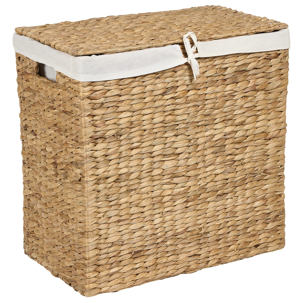 Cesto per la biancheria in giacinto d'acqua con 2 scomparti e coperchio in legno chiaro stile boho lavanderia