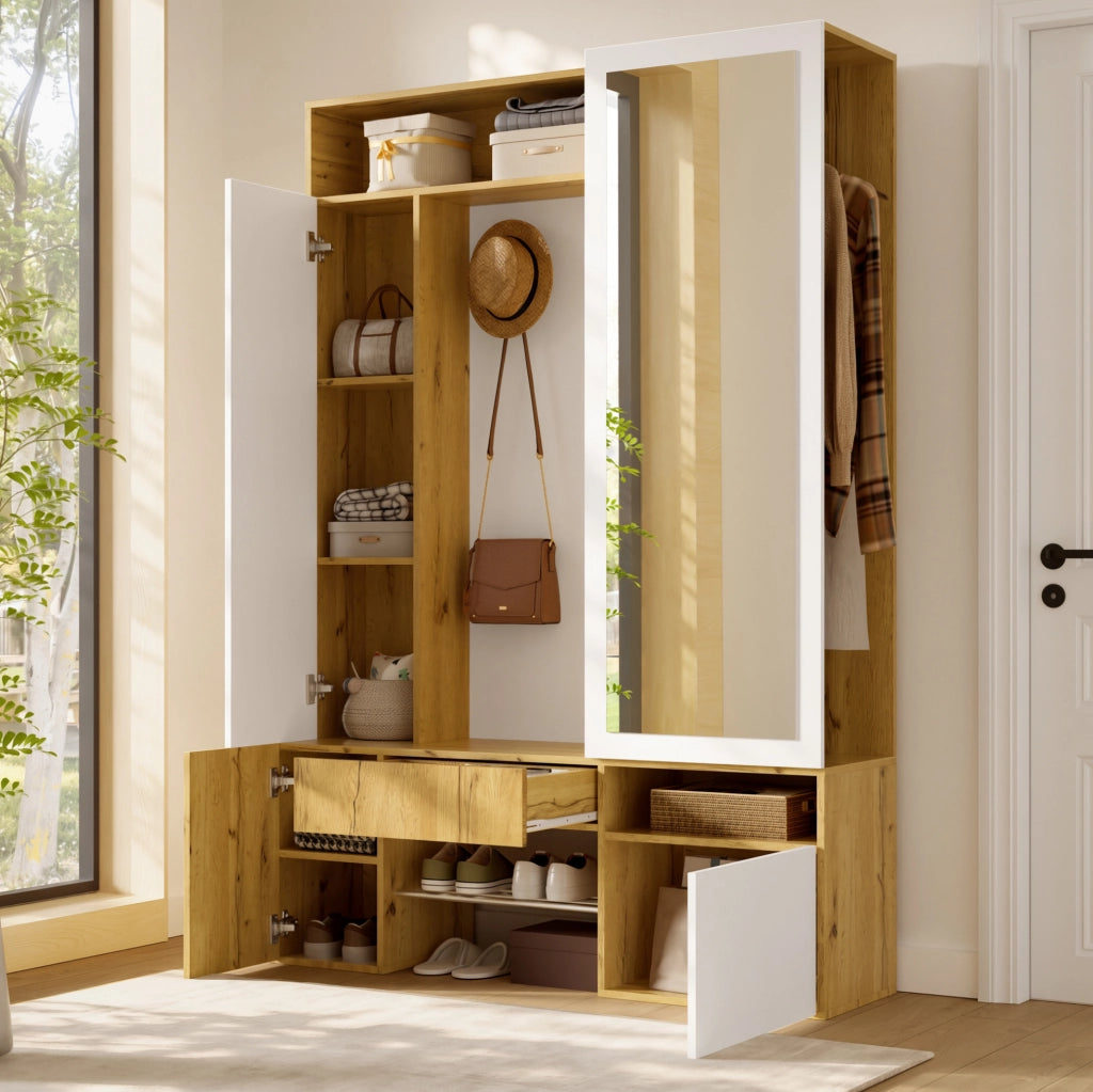 Garderobiera ingresso con specchio; scarpiera e appendiabiti in MDF 127x35x180;5 cm; bianco/naturale