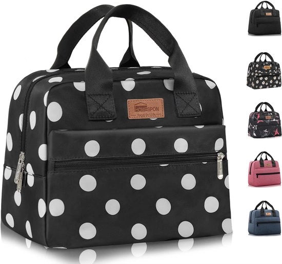 Borsa isolata con grande capacità e materiale impermeabile. Portatile per donne e uomini, studenti, ufficio e picnic (punti neri).